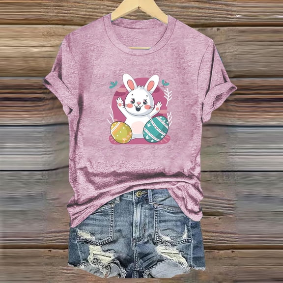 QUNYINEY Short Sleeve Shirts for Women Trendy Casual Pullover Easter Crew Neck Tops Loose Spring Tops for Women