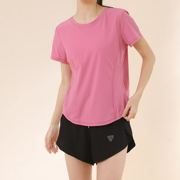 QUNYINEY Short Sleeve Shirts for Women Trendy Crew Neck Pullover Solid Casual Tops Workout Loose Breathable Spring Tops for Women