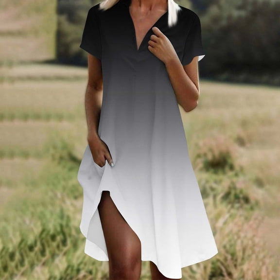 QUNYINEY Short Sleeve Spring Dresses for Women Casual Gradient A-Line Dress Flowy V Neck Midi Sundress