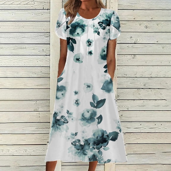 QUNYINEY Short Sleeve Spring Dresses for Women Floral Casual A-Line Dress Pleated Crew Neck Flowy Maxi Sundress