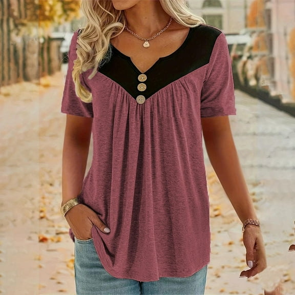 QUNYINEY Short Sleeve Spring Tops for Women 2025 V Neck Casual Colorblock Shirts Plus Size Pleated Loose Pullover Button Tops