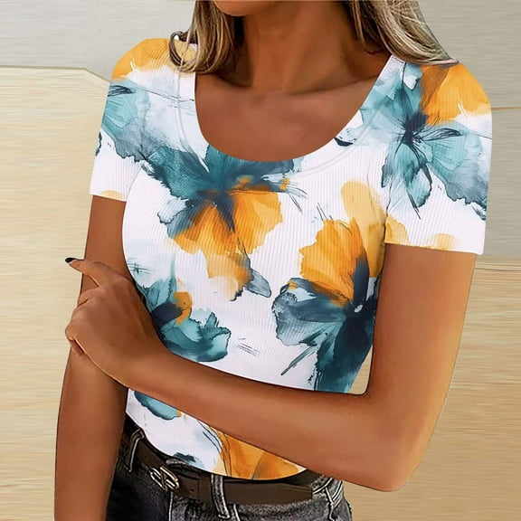 QUNYINEY Short Sleeve Spring Tops for Women Casual Yellow Floral Square Neck Shirts Slim Ribbed Women's T-Shirts