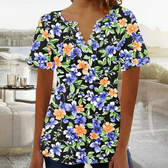 QUNYINEY Short Sleeve Summer Blouses for Women 2025 V Neck Casual Floral Tops Pullover Button Loose Pleated Blouses