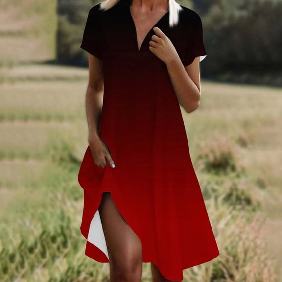 QUNYINEY Short Sleeve Summer Dresses for Women Casual Gradient A-Line Dress Flowy V Neck Midi Sundress