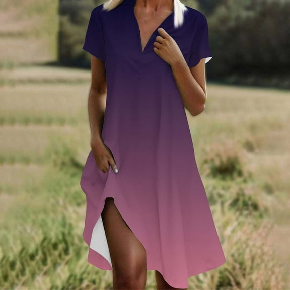 QUNYINEY Short Sleeve Summer Dresses for Women Casual Gradient A-Line Dress V Neck Flowy Midi Sundress