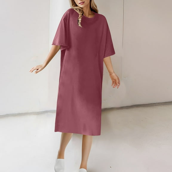 QUNYINEY Short Sleeve Summer Dresses for Women Casual Solid Tent Dress Crew Neck Midi Sundress