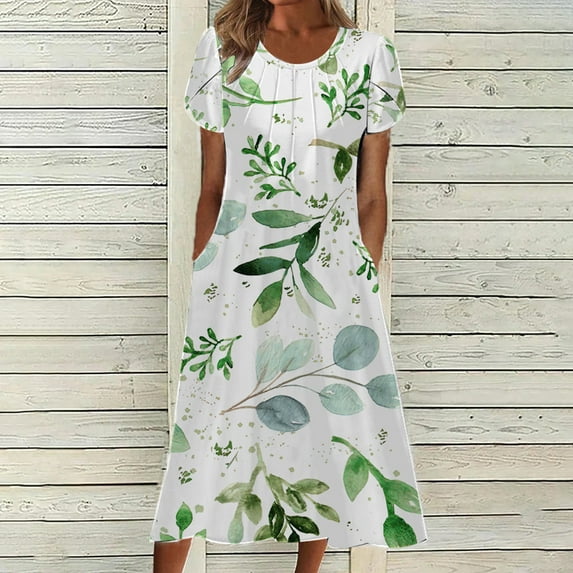 QUNYINEY Short Sleeve Summer Dresses for Women Floral Casual A-Line Dress Crew Neck Pleated Flowy Maxi Sundress