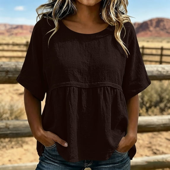QUNYINEY Cotton Linen Casual T Shirts for Women Short Sleeve Summer Crew Neck Tops Pleated Solid Loose Fit Pullover Shirts