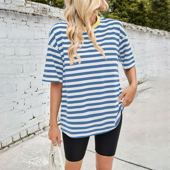 QUNYINEY Short Sleeve Summer Tops for Women Casual Striped Crew Neck Shirts Plus Size Cotton Loose Pullover Tops