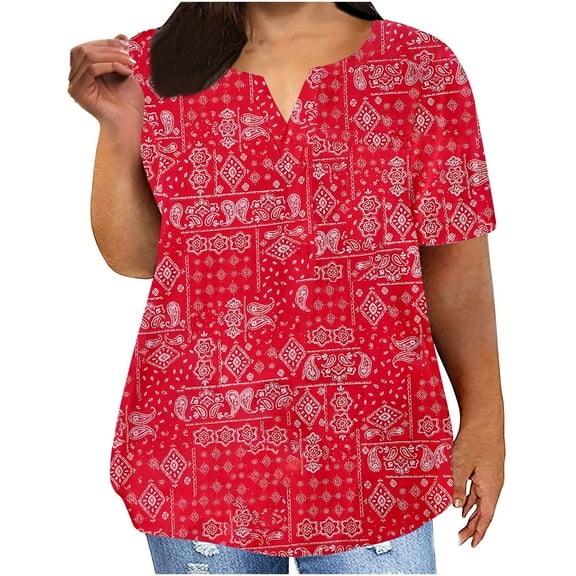 QUNYINEY Short Sleeve Summer Tops for Women Casual V Neck Vintage Red Shirts Summer Plus Size Loose Women's T-Shirts