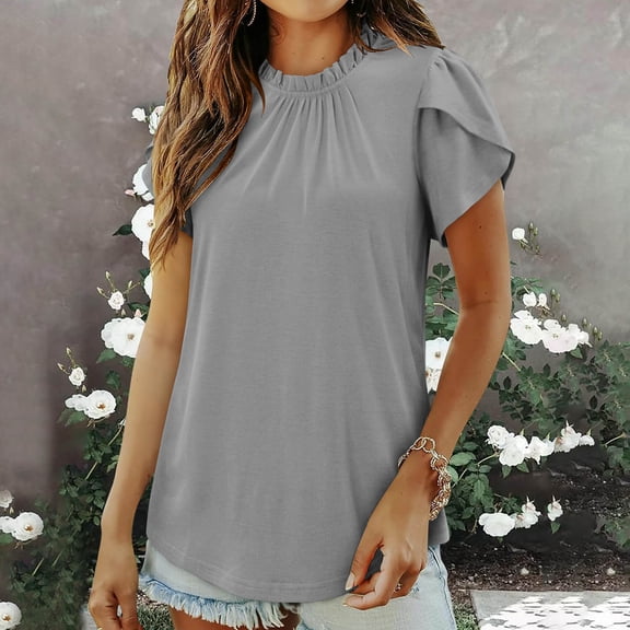 QUNYINEY Short Sleeve Summer Tops for Women Crew Neck Casual Solid Shirts Pleated Loose Pullover Tops
