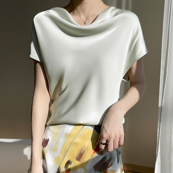 QUNYINEY Short Sleeve Summer Tops for Women Solid Casual Crew Neck Pullover Shirts Ice Silk Loose Women Shirts