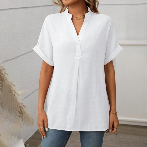 QUNYINEY Short Sleeve Summer Tops for Women V Neck Casual Solid Shirts Hem Slit Pullover Loose Tops