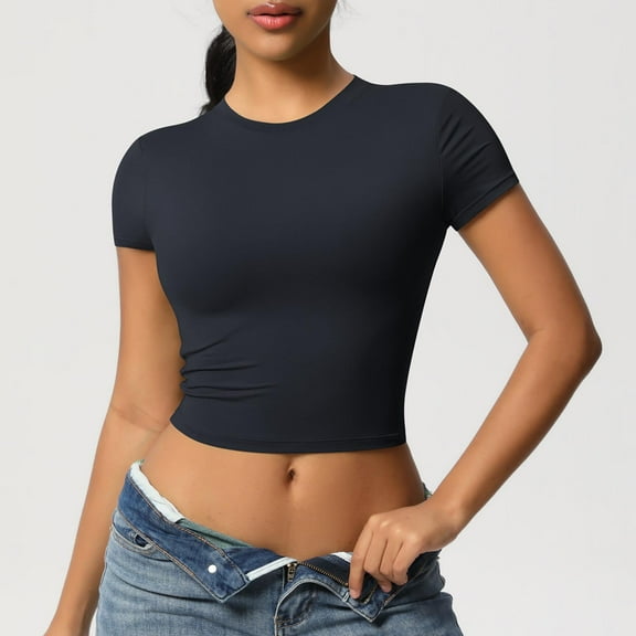 QUNYINEY Short Sleeve T Shirts for Women Casual Crew Neck Solid Tops Stretch Workout Slim Yoga Crop Shirts