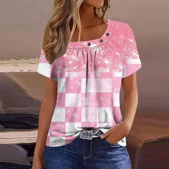 QUNYINEY Short Sleeve T Shirts for Women Plaid Square Neck Casual Tops Button Loose Pleated Pullover Shirts