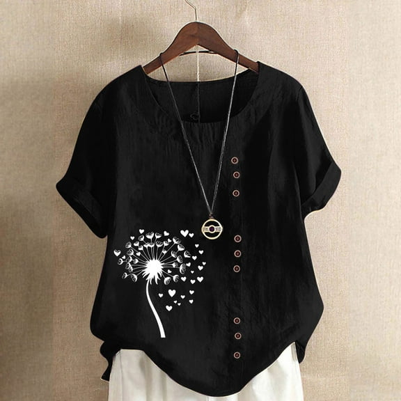 QUNYINEY Short Sleeve Tee Shirts Womens Casual Dandelion Pullover Crew Neck Tops Button Loose Linen Tops for Women