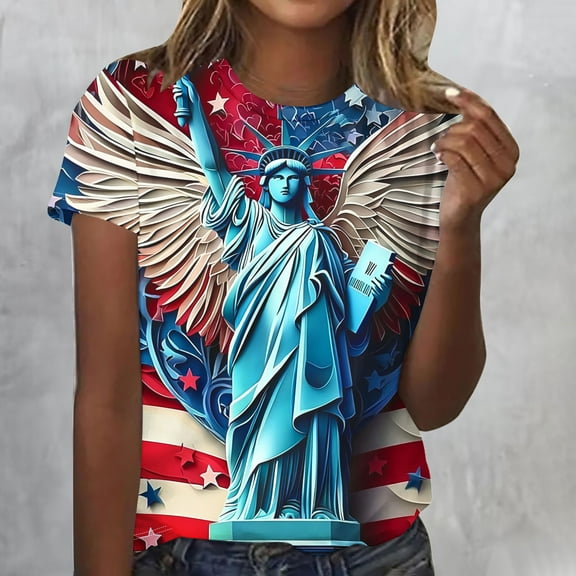 QUNYINEY Short Sleeve Tee Shirts Womens Casual Independence Day Crew Neck Tops Loose Pullover Shirts