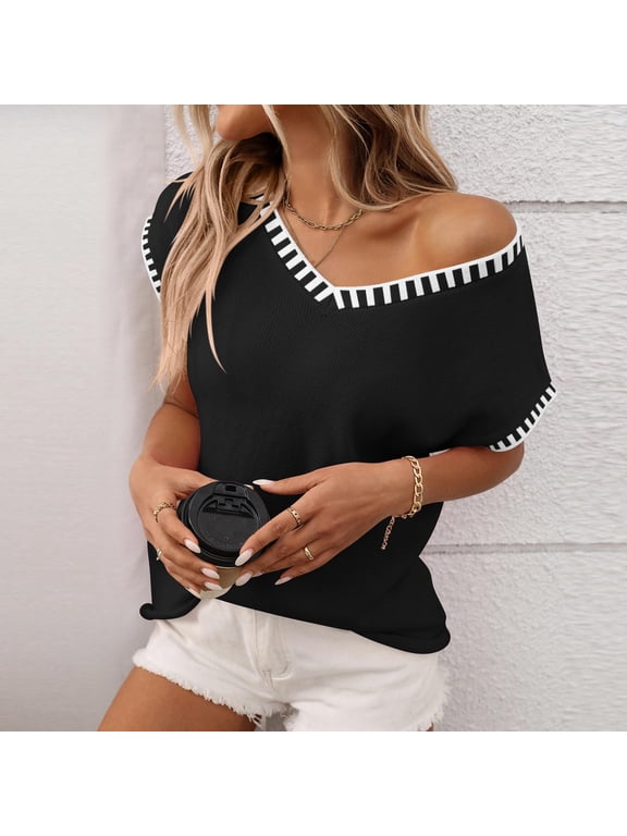 Short Sleeve Tee Shirts Womens Casual V Neck Colorblock Tops Pullover Ribbed Loose Shirts