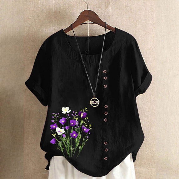 QUNYINEY Short Sleeve Tee Shirts Womens Crew Neck Casual Floral Tops Button Cotton Linen Pullover Loose Shirts