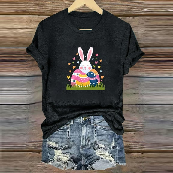 QUNYINEY Short Sleeve Tee Shirts Womens Easter Pullover Crew Neck Casual Tops Loose Womens Tops Trendy
