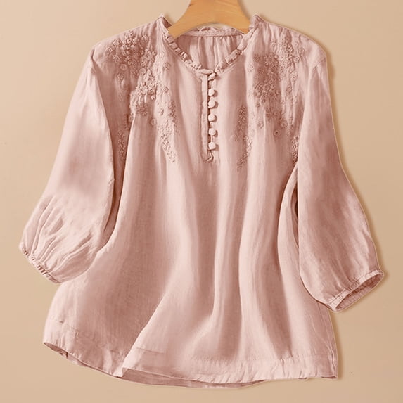 QUNYINEY Short Sleeve Tee Shirts Womens Summer Pink Cotton Linen Graphic Tees Pullover Loose Fit Button Embroidered V Neck Womens Tops