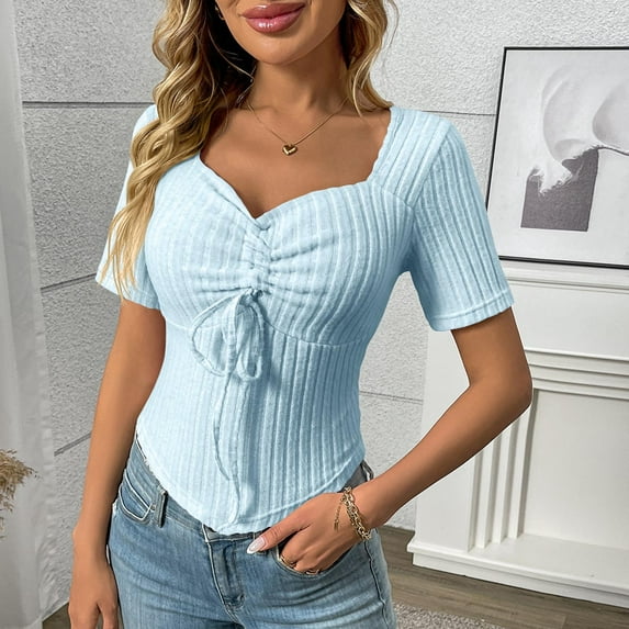 QUNYINEY Short Sleeve Tops for Women Solid Casual Pullover V Neck Shirts Slim Ribbed Womens Shirts