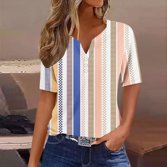 QUNYINEY Short Sleeve Tops for Women Trendy White Striped V Neck Casual Shirts Button Loose Shirts for Women