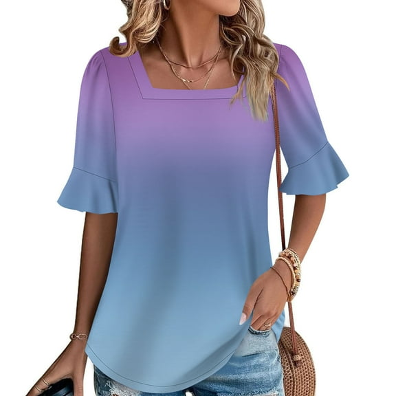 QUNYINEY Short Sleeve Trendy Tops for Women 2025 Square Neck Gradient Casual Shirts Loose Summer Pullover Womens Shirts