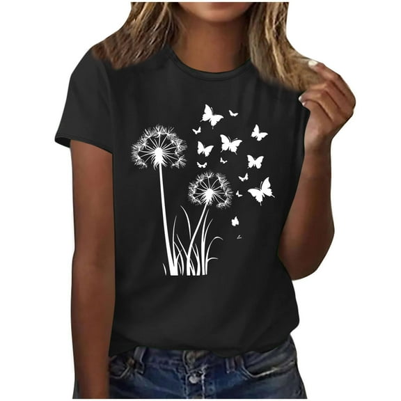 QUNYINEY Short Sleeve Tshirts Shirts for Women Crew Neck Casual Dandelion Tops Loose Going Out Pullover Shirts