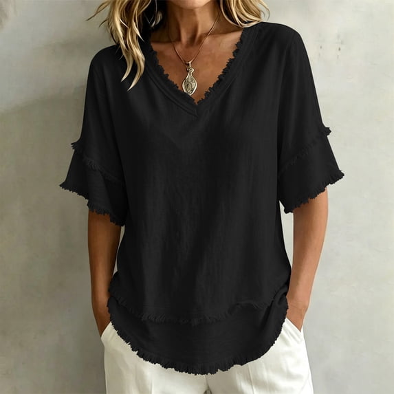 QUNYINEY Short Sleeve Tshirts Women Cotton Linen Summer Black Tops V Neck Tassel Casual Loose Fit Pullover Shirts