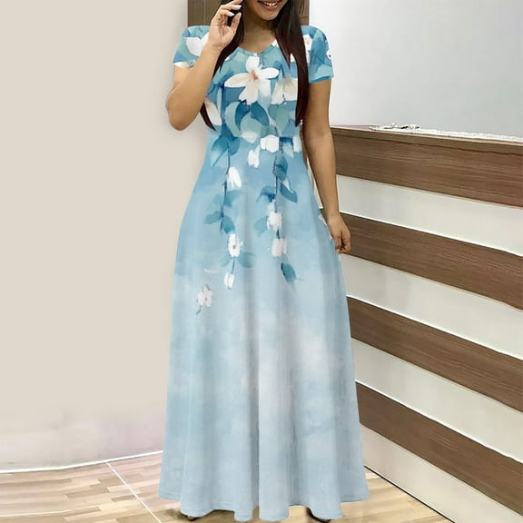 QUNYINEY Short Sleeve Women Dresses Casual Floral A-Line Dress Empire Waist Crew Neck Flowy Maxi Sundress