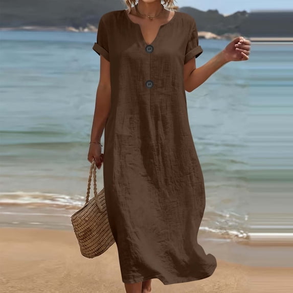 QUNYINEY Short Sleeve Women Dresses Midi Faux Cotton Linen Casual Summer A Line Dress V Neck Solid Button Loose Fit Dresses