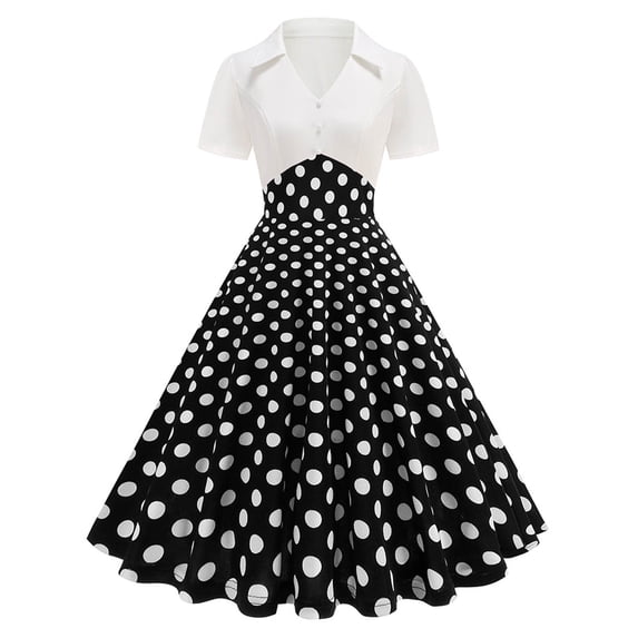 QUNYINEY Short Sleeve Women Dresses Polka Dot Summer A Line Midi Dresses Vacation Slim Fit Collared Flowy Dresses