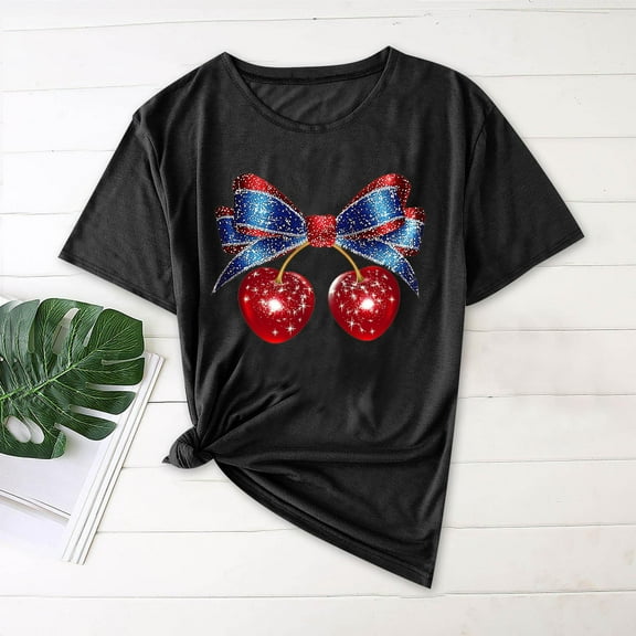 QUNYINEY Short Sleeve Women Shirts Crew Neck Independence Day Casual Tops Loose Knot Summer Pullover Tops for Women