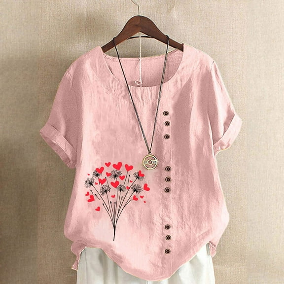 QUNYINEY Short Sleeve Women Shirts Pullover Crew Neck Floral Casual Tops Linen Loose Button Women Tops