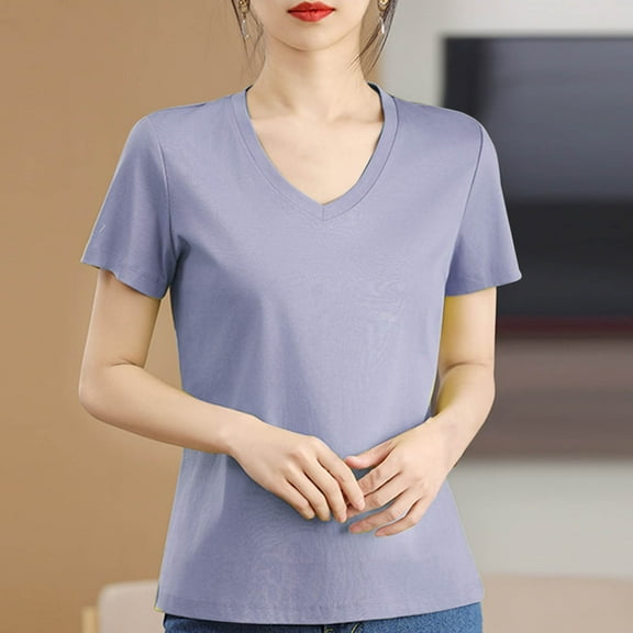 QUNYINEY Short Sleeve Women Shirts Solid V Neck Casual Tops Cotton Breathable Pullover Loose Shirts