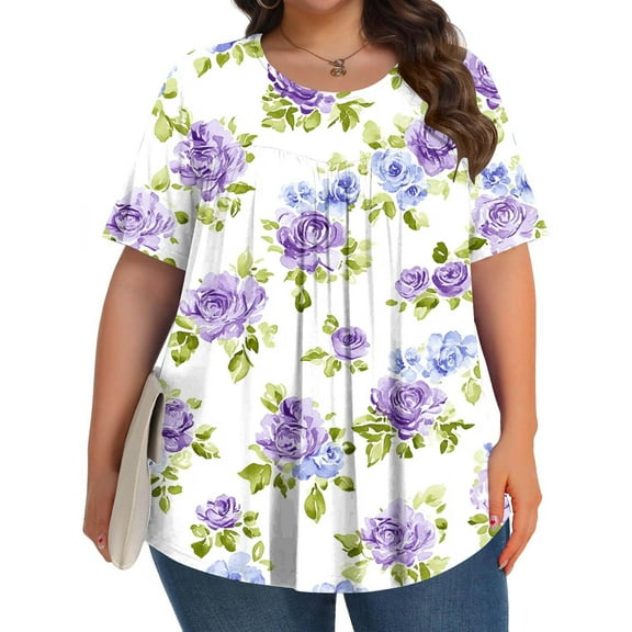 QUNYINEY Short Sleeve Women Tops Crew Neck Casual Floral Blouses Pleated Loose Plus Size Pullover Tops