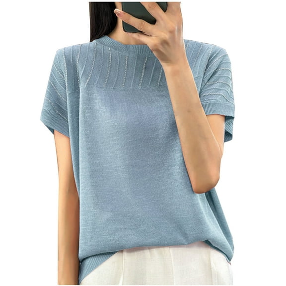 QUNYINEY Short Sleeve Women Tops Solid Casual Pullover Crew Neck Shirts Loose Ribbed Knit Womens Shirts