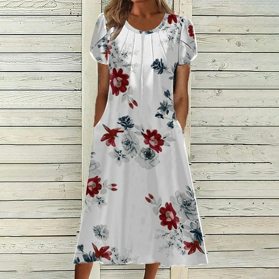 QUNYINEY Short Sleeve Women's Dresses Floral Casual A-Line Dress Flowy Pleated Crew Neck Maxi Sundress