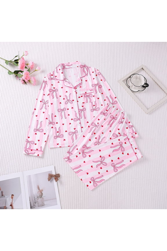 Short Sleeve Women's Pajamas Set Love Heart 2 Piece Button Down Soft Shirts And Pants with Pockets Notch Collar Softies Loungewear Set for Women