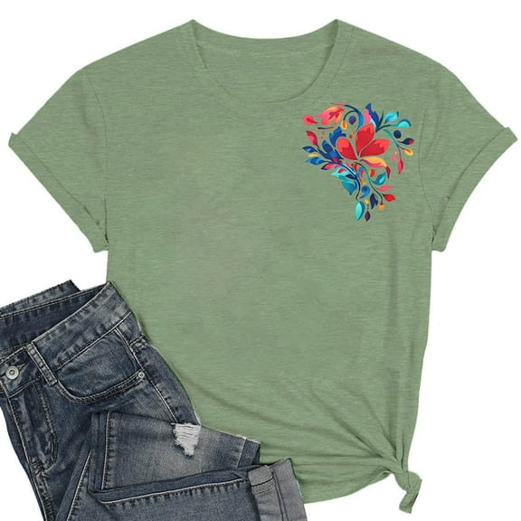 QUNYINEY Short Sleeve Women's Shirts Crew Neck Floral Casual Tops Loose Pullover Women Tops