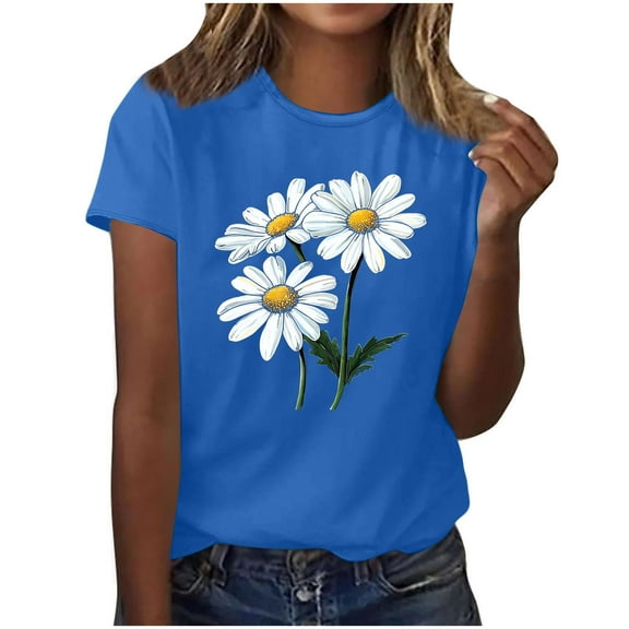 QUNYINEY Short Sleeve Women's Shirts Floral Crew Neck Casual Tops Going Out Pullover Loose Shirts