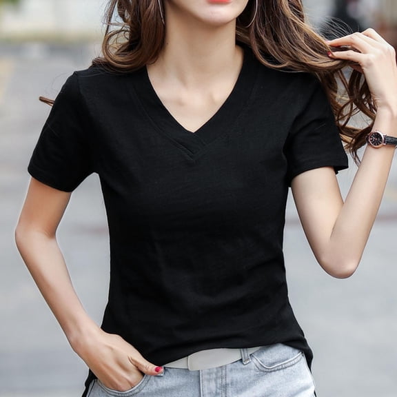 QUNYINEY Short Sleeve Women's T Shirts Casual Black V Neck Tops Loose Pullover Cotton Summer Tops for Women
