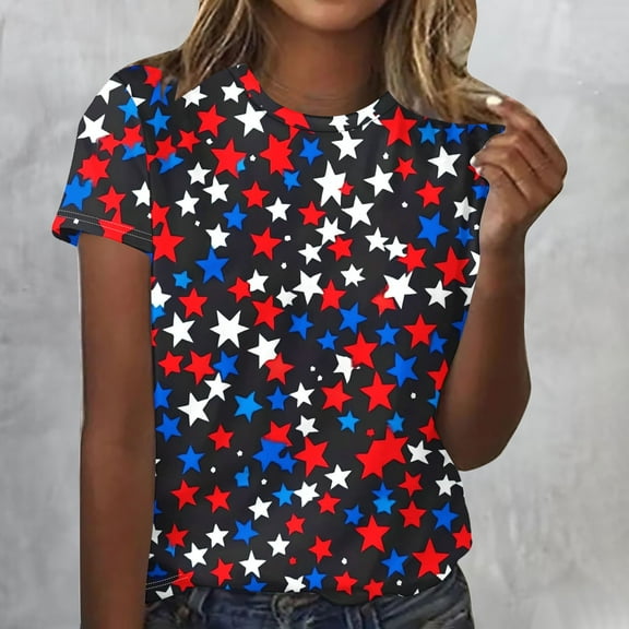 QUNYINEY Short Sleeve Women's T-Shirts Casual Crew Neck Independence Day Tops Loose Pullover Shirts