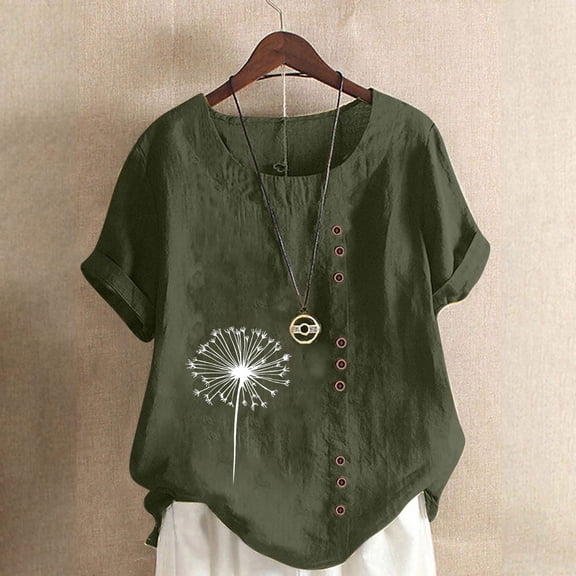 QUNYINEY Short Sleeve Women's T Shirts Casual Dandelion Crew Neck Tops Button Loose Linen Pullover Shirts