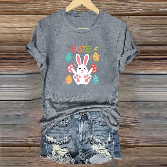 QUNYINEY Short Sleeve Women's T-Shirts Casual Easter Crew Neck Pullover Tops Loose Women Tops