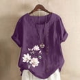 thumbnail image 1 of QUNYINEY Short Sleeve Women's T-Shirts Casual Pullover Crew Neck Floral Tops Button Loose Linen Women's Tops, 1 of 4