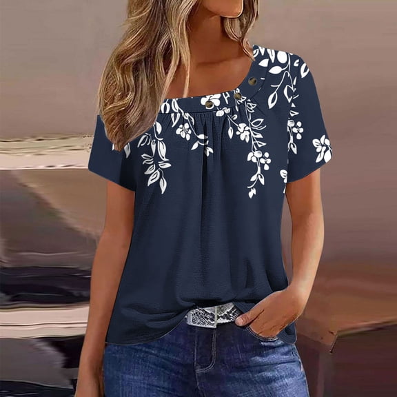 QUNYINEY Short Sleeve Women's T-Shirts Casual Square Neck Floral Tops Loose Pleated Button Pullover Shirts