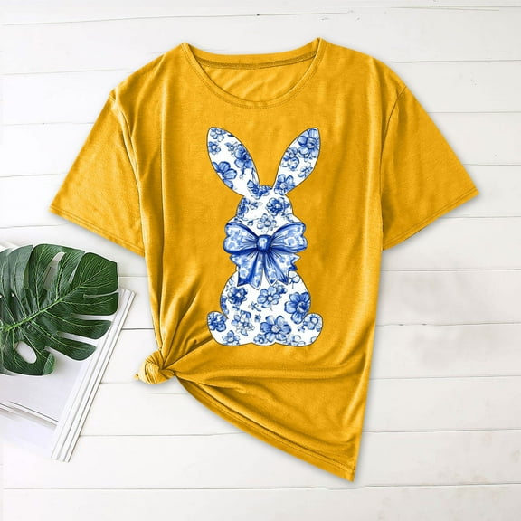 QUNYINEY Short Sleeve Women's T-Shirts Easter Pullover Casual Crew Neck Tops Loose Womens Summer Tops