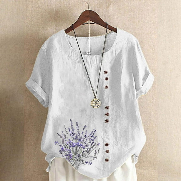 QUNYINEY Short Sleeve Women's T-Shirts Floral Casual Crew Neck Tops Summer Loose Cotton Linen Button Pullover Women's Tops